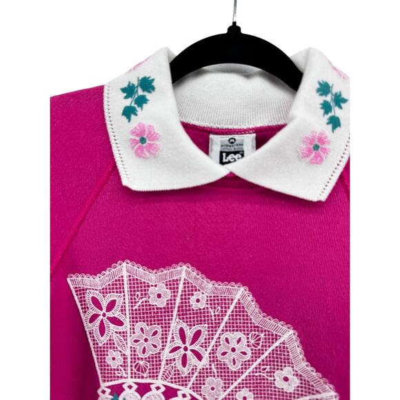 80s 90s Vintage Lee Grandmacore Cottage Core Granny Hot Pink Sweatshirt Medium - Picture 4 of 7